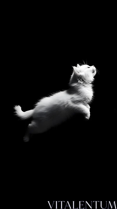 White Cat Leaping Against Black Background