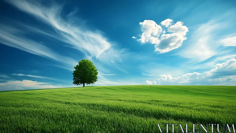 Solitary green tree crowns rolling field under vivid sky.