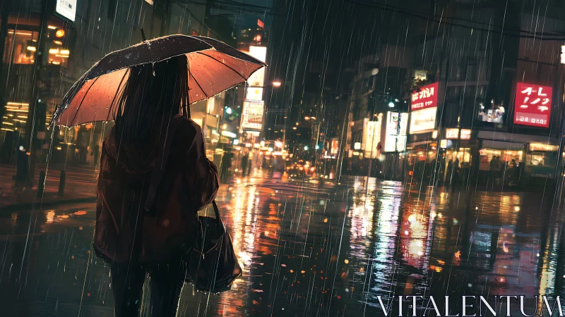 Solitary figure under umbrella studies neon-lit rainy avenue