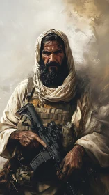 Weathered desert soldier studies the horizon in silence