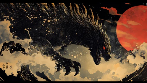 Kaiju silhouette tears storm seas under molten red moon.