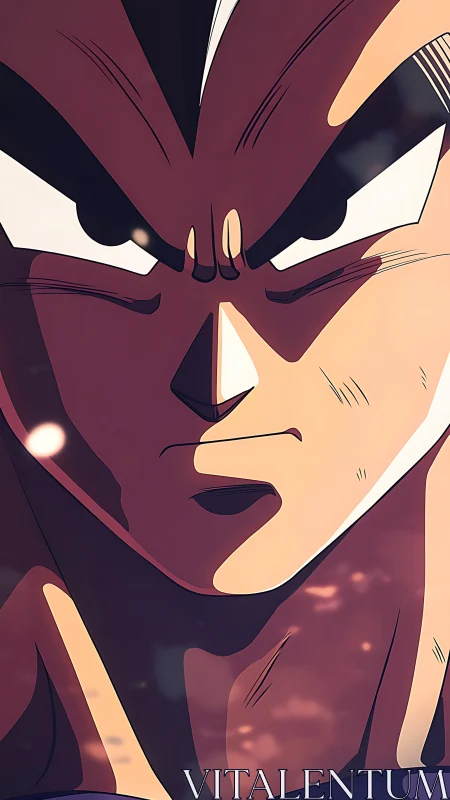 Intense anime warrior stares ahead with fierce resolve