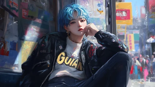 Urban blue-haired model posed in reflective city light.