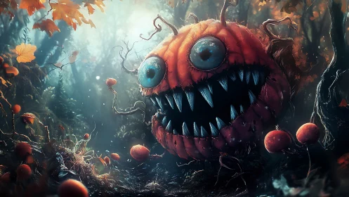 Menacing pumpkin monster prowls an eerie autumn forest
