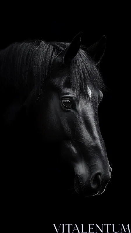 Gentle black horse portrait glowing softly in the dark.