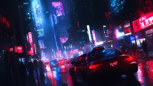 Rain-soaked neon city street reflects taxi tail lights