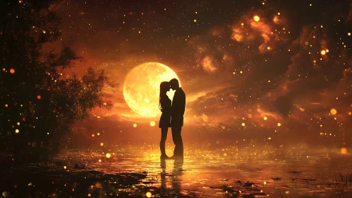 Silhouetted couple kiss under massive golden moon