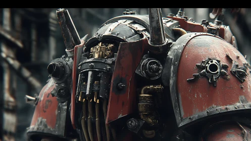 Battle-worn red mech waiting quietly between city ruins.