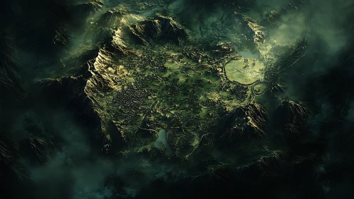 Fog-shrouded fantasy valley map glows with hidden cities.