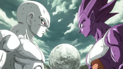 Two cosmic warriors confront each other beneath stormy skies