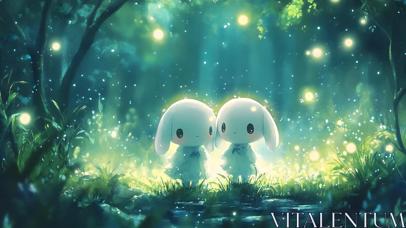 Bioluminescent forest framing twin chibi spirits in soft bokeh