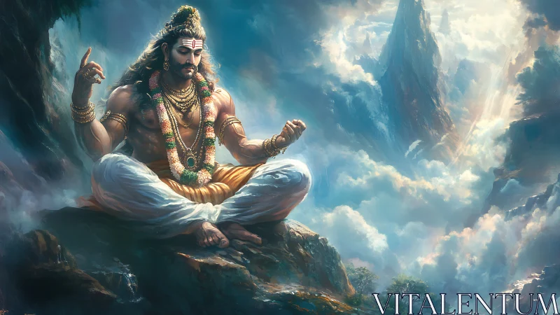 Mythic mountain sage in luminous meditative clouds panorama.