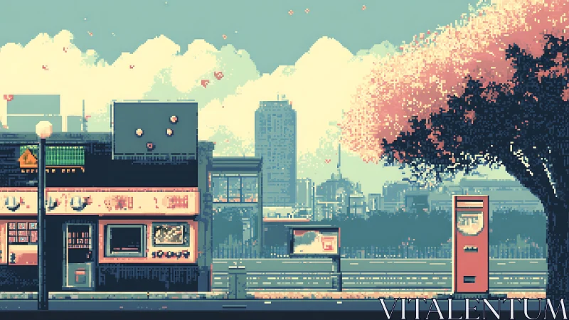 Pixel art urban streetscape with vending machines and sakura tree