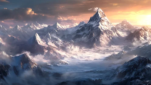 Sunlit alpine peak dominates icy valley with volumetric cloud layers