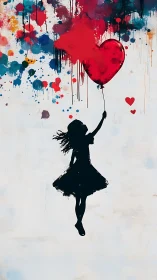Silhouette Girl Ascending with Red Heart Balloon and Paint Splatter