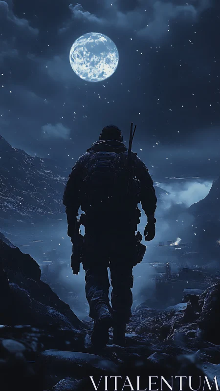 Lone night wanderer under a bright, watchful full moon.