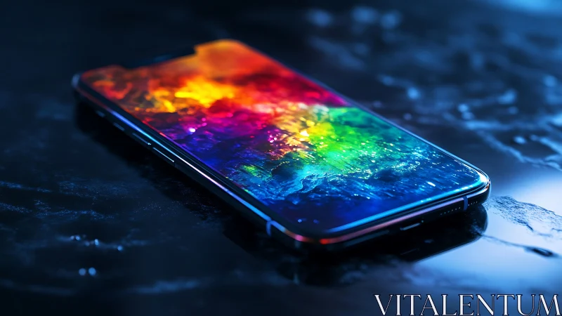 Smartphone screen emits vivid neon spectrum on wet surface