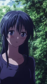 Blue haired anime girl outdoors in shaded greenery.