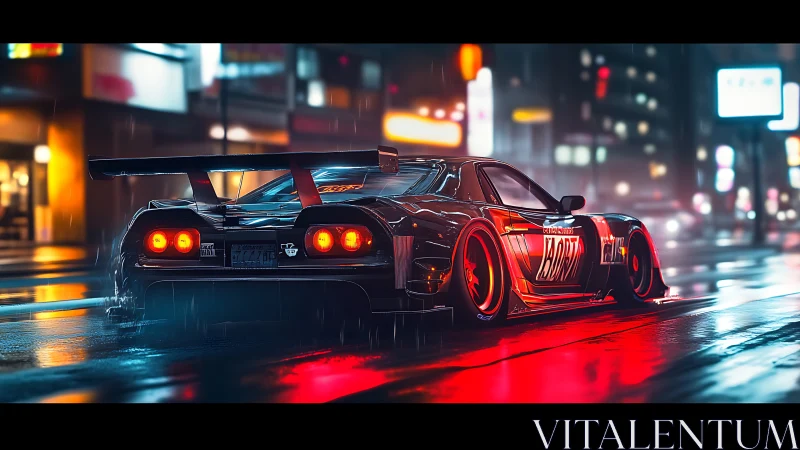 Widebody tuner coupe in neon-soaked nocturnal streetscape.