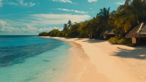 Tropical Island Resort Shoreline with Thatched Bungalows.
