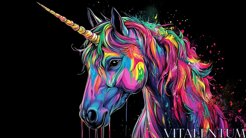 Neon-splashed unicorn dreaming in liquid rainbow paint.