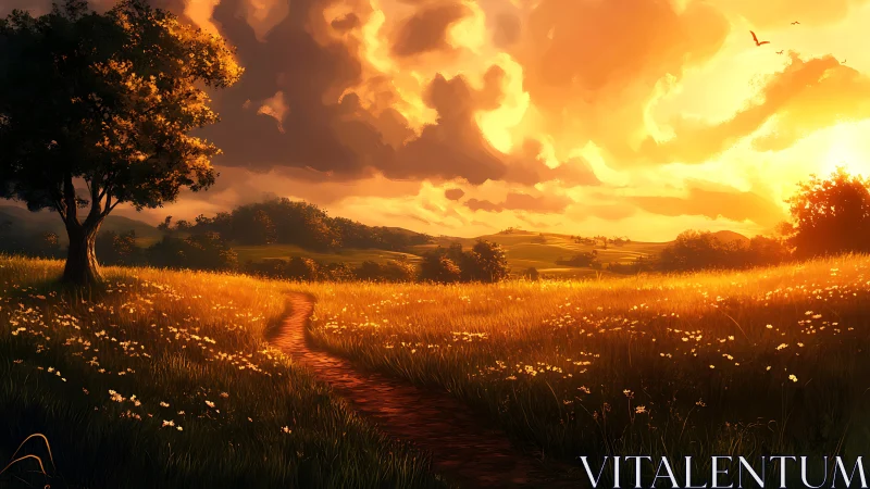 Sunlit meadow trail curls gently beneath molten clouds