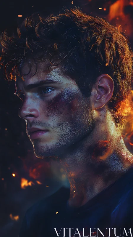 Battle-scarred young man in cinematic firelit profile portrait.