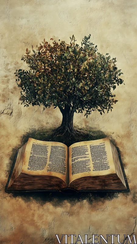 Arboreal knowledge system emerging from antique codex substrate.