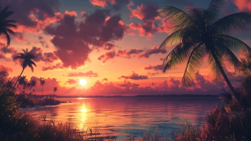 Radiant tropical sunset welcomes calm waves and soft palms