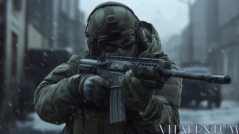Tactical soldier aiming rifle in snowy urban combat corridor