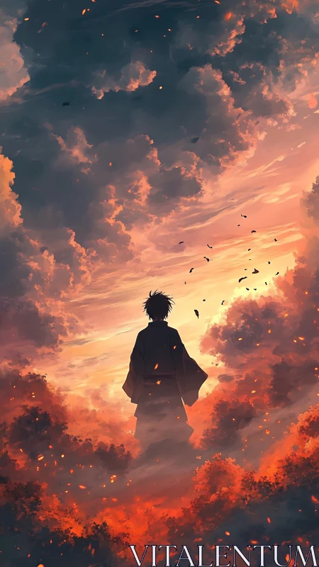 Wanderer in ember clouds beneath a storm-kissed sunset.