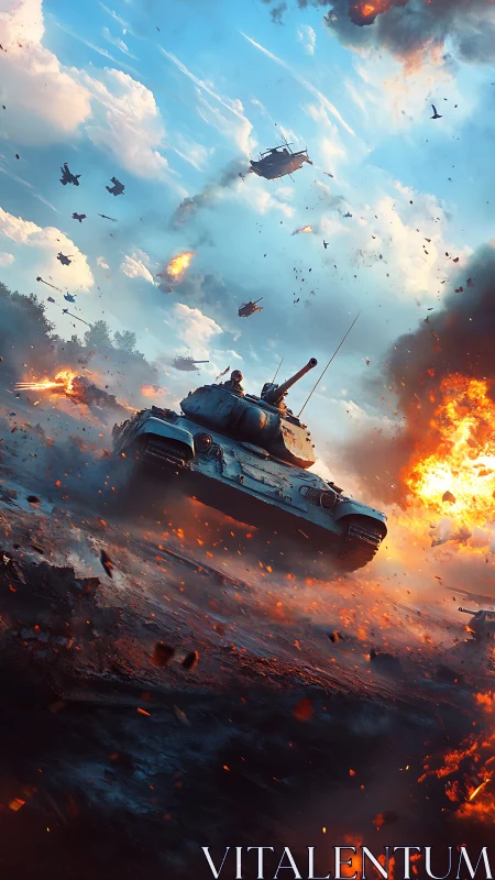 Steel assault tank surging through fiery battlefield skies.