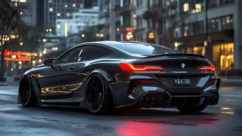 Black BMW coupe parked on wet city street at dusk.