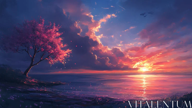 Blossom-lit shoreline dreaming beneath a blazing sunset sky.