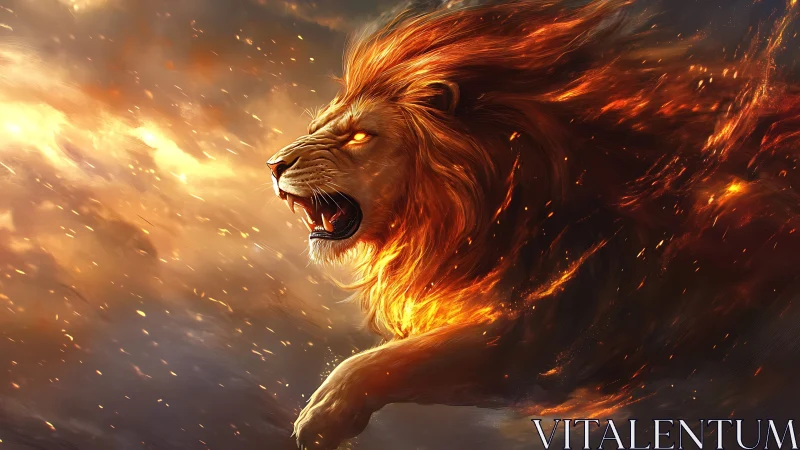 Fiery lion head roars as its mane turns into blazing flames