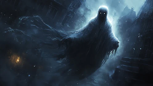 Glowing-eyed wraith drifts through a fog-drowned haunted city