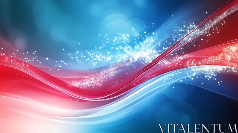 Curved red and blue light waves flow diagonally with sparkles