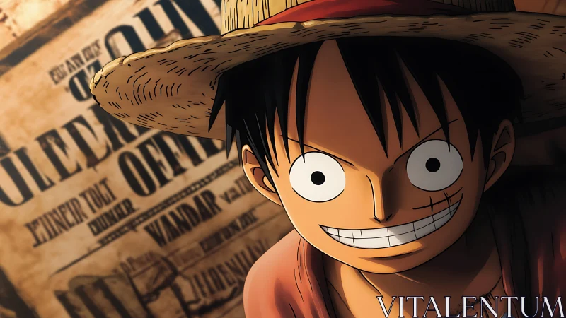 Straw-hatted adventurer grinning beside bold wanted poster.