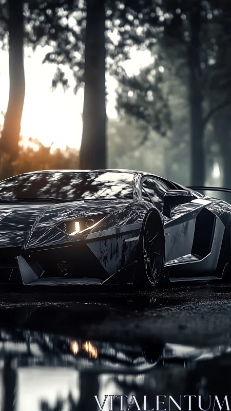 Carbon black supercar cuts through misty forest road.