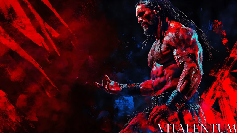 Muscular warrior stands in red and blue digital battle scene