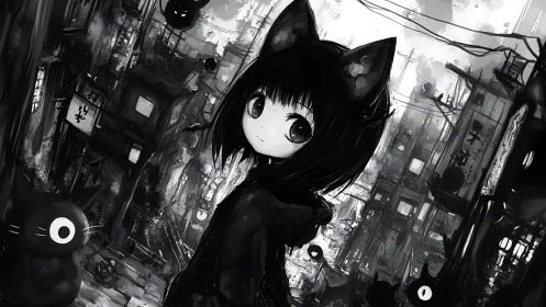 Curious cat eared girl quietly wanders her shadowed city