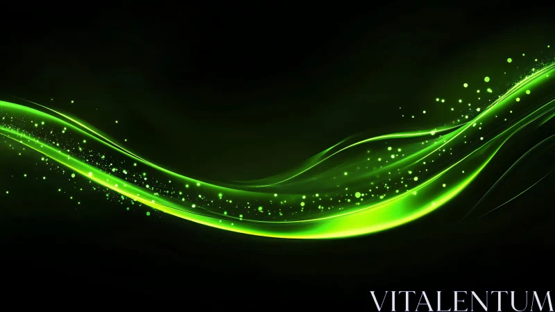 Vibrant green light wave abstract background with glowing particles.