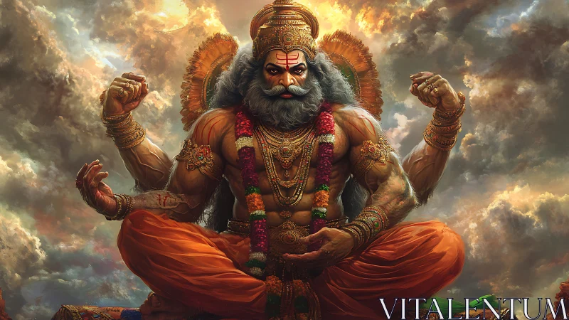 Multilimbed divine warrior in storm-lit atmospheric convergence.