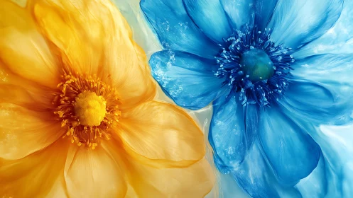Yellow and Blue Flowers Contrast. Vibrant Color Opposition.