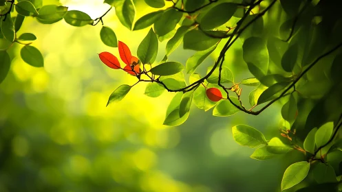Sunlit Green Leaves with Red Accents in Nature Photography Style.