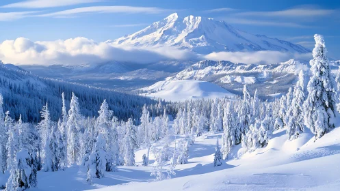 Snow covered alpine forest lies below distant mountain peak