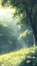 Forest pathway with illuminated canopy and wildflower meadow