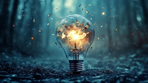 Glass bulb containing central flame stands in dim forest