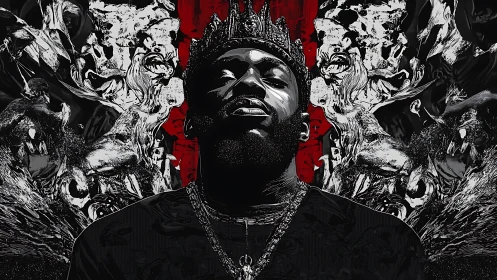 Crowned male portrait with abstract monochrome beasts.