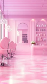Monochrome pink salon interior with glossy styling chairs.
